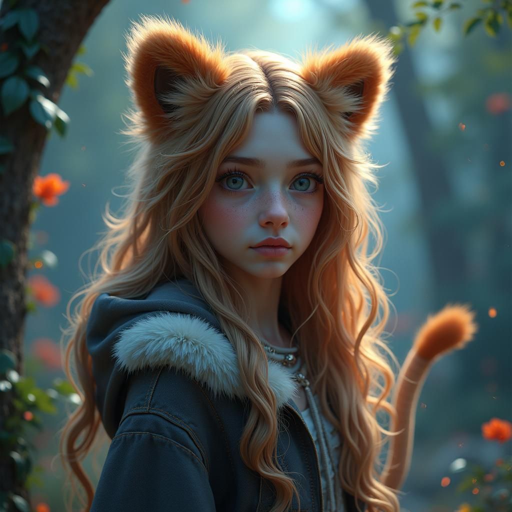 Lion Girl in Dreamlike Environment, Trending on Artstation