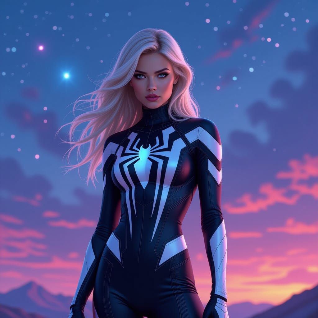 Ghost Spider in Bioluminescent Suit Against Nebula Sky