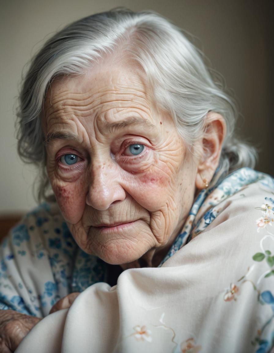 Photorealistic Portrait of Elderly Woman with Sad Smile
