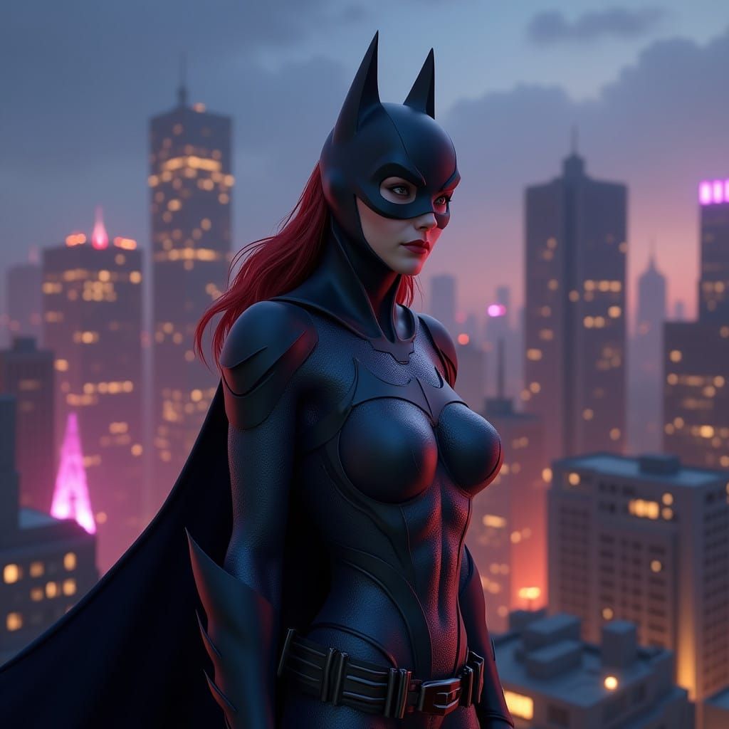 Heroic Batwoman in Neon-Lit Gotham City
