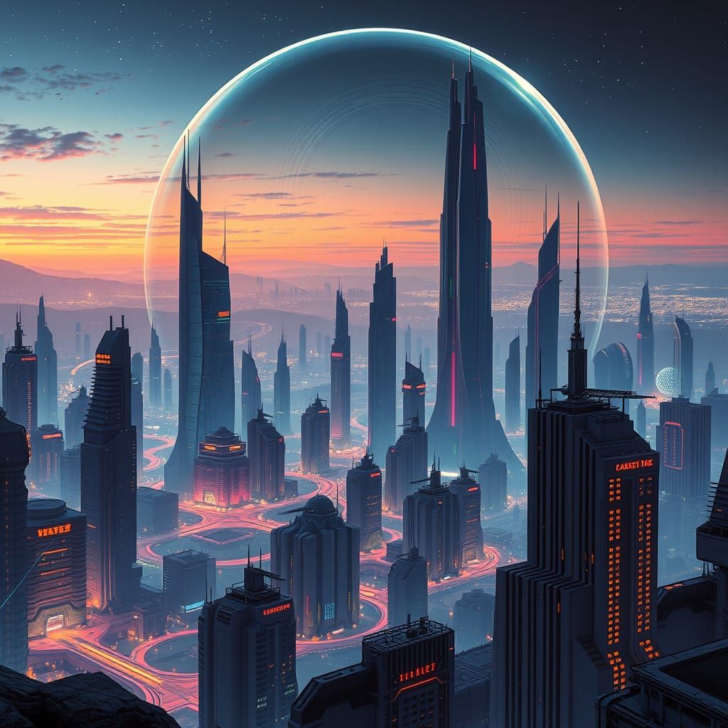 Futuristic Alien Cityscape Under Plasma Dome