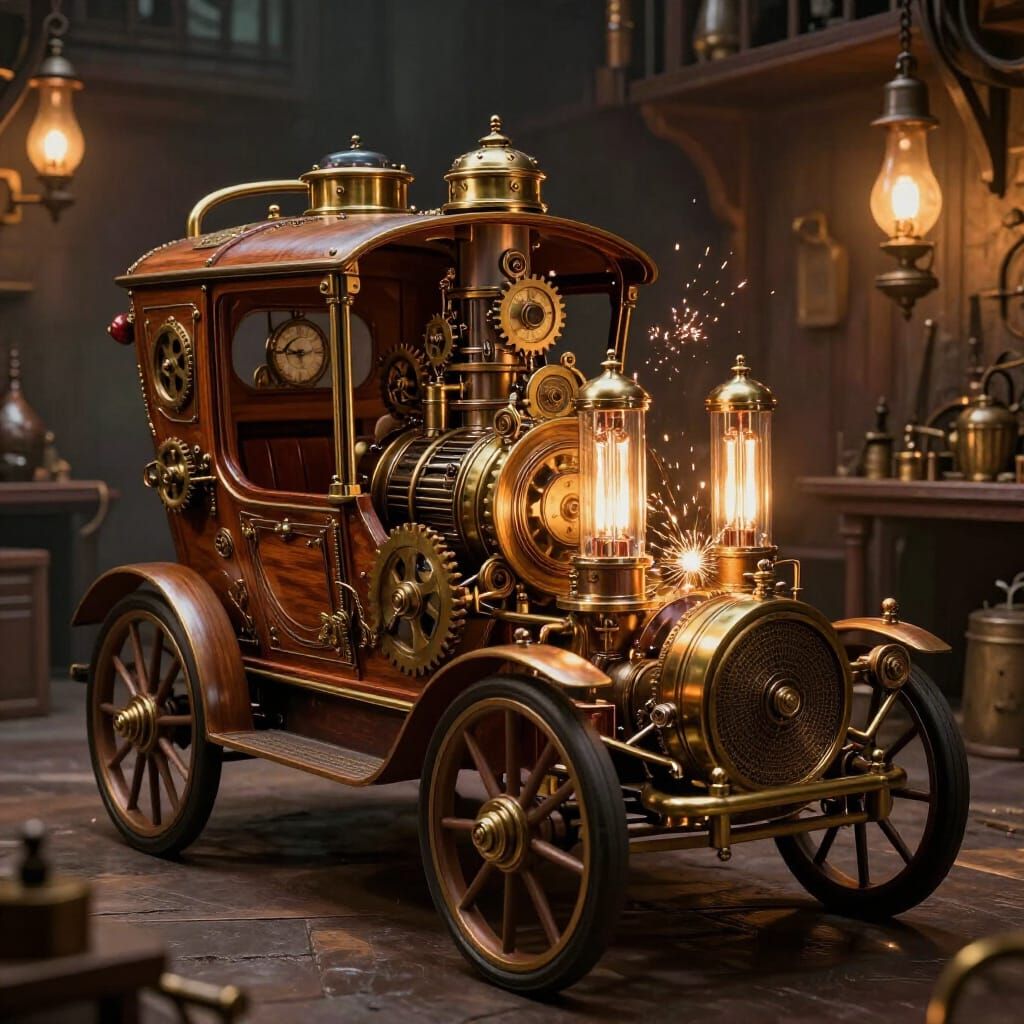 Whimsical Steampunk Car in Victorian Workshop