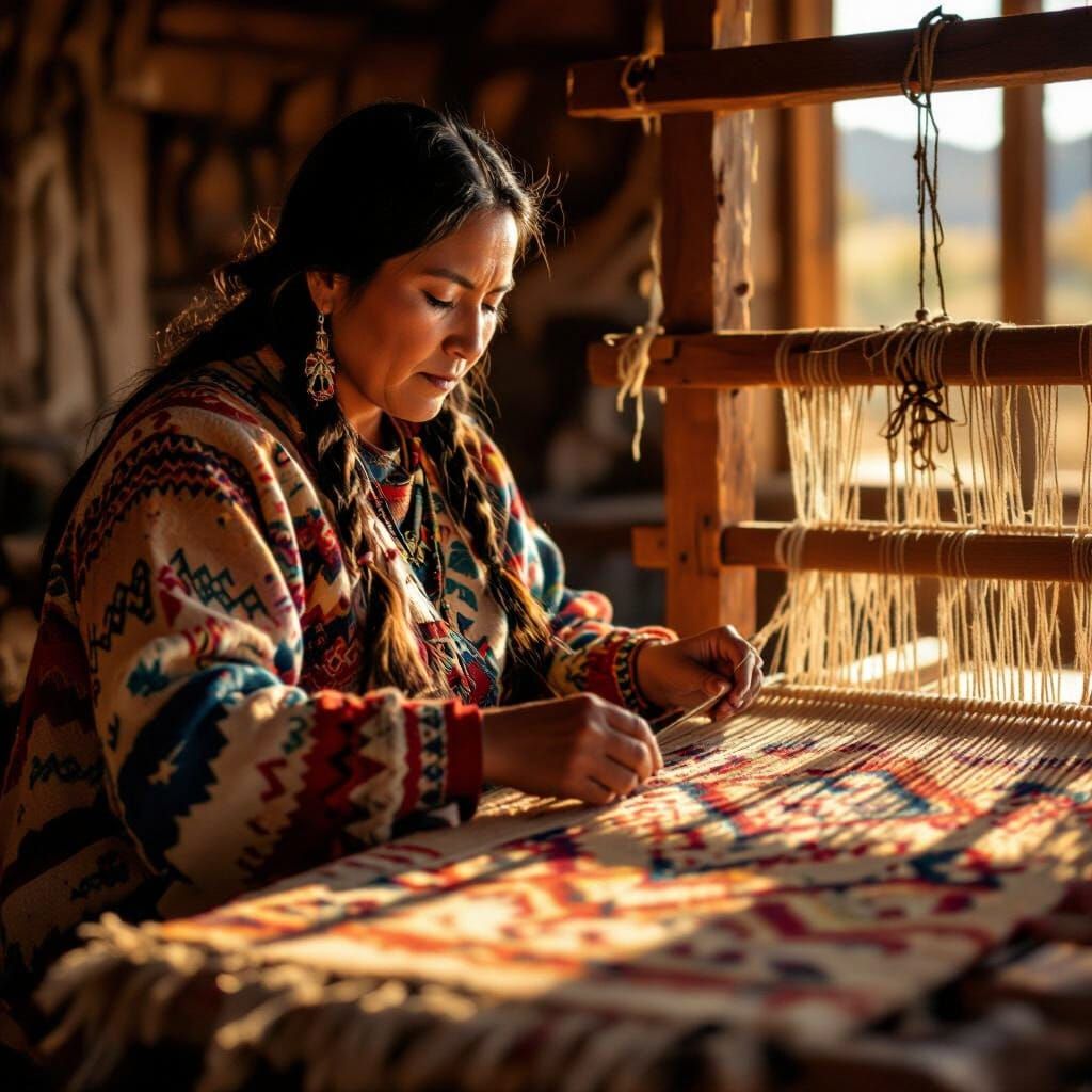 Navajo Woman Weaving Rug in Golden Hour Light