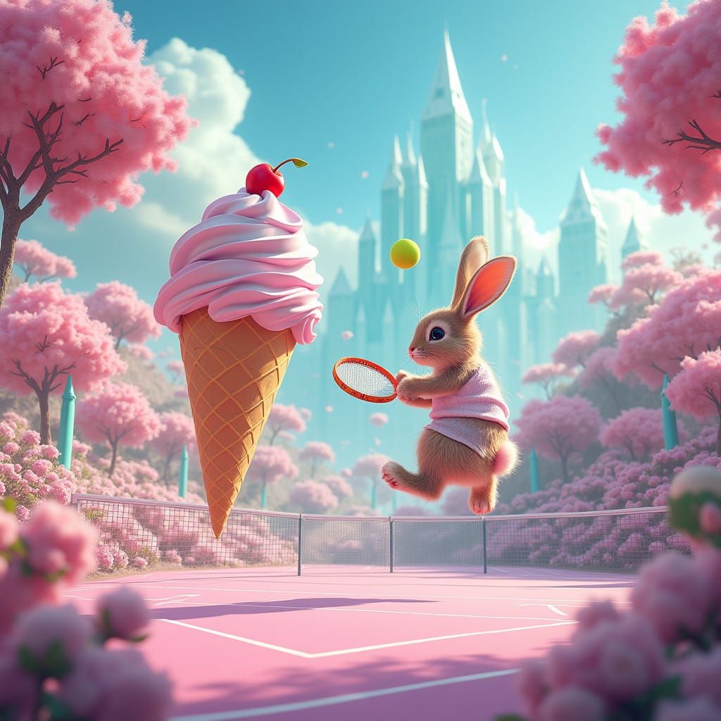 Surreal Bunny Tennis Player Surrounded by Whimsical Ice Crea...