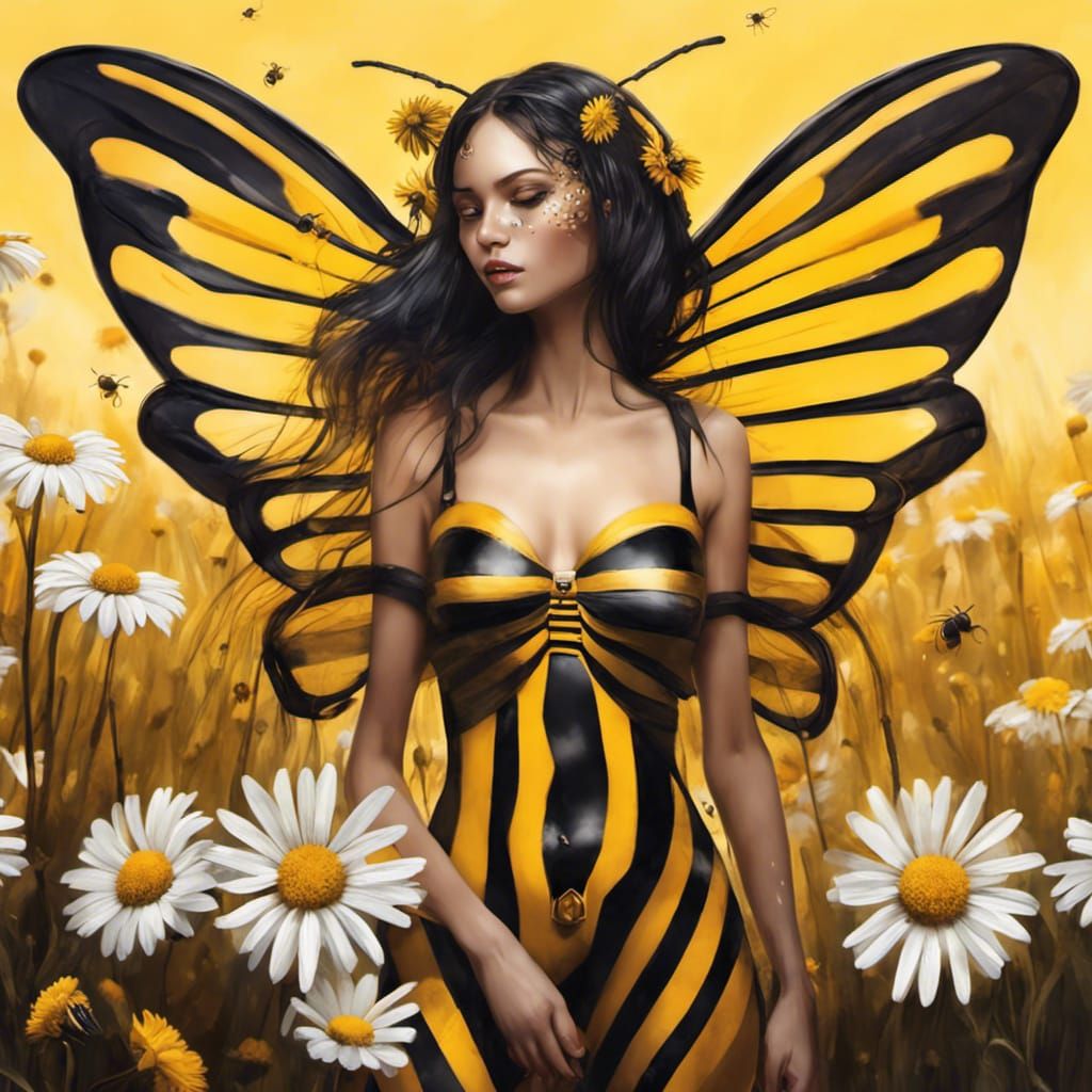 Beautiful Bee Woman in a Daisy Field