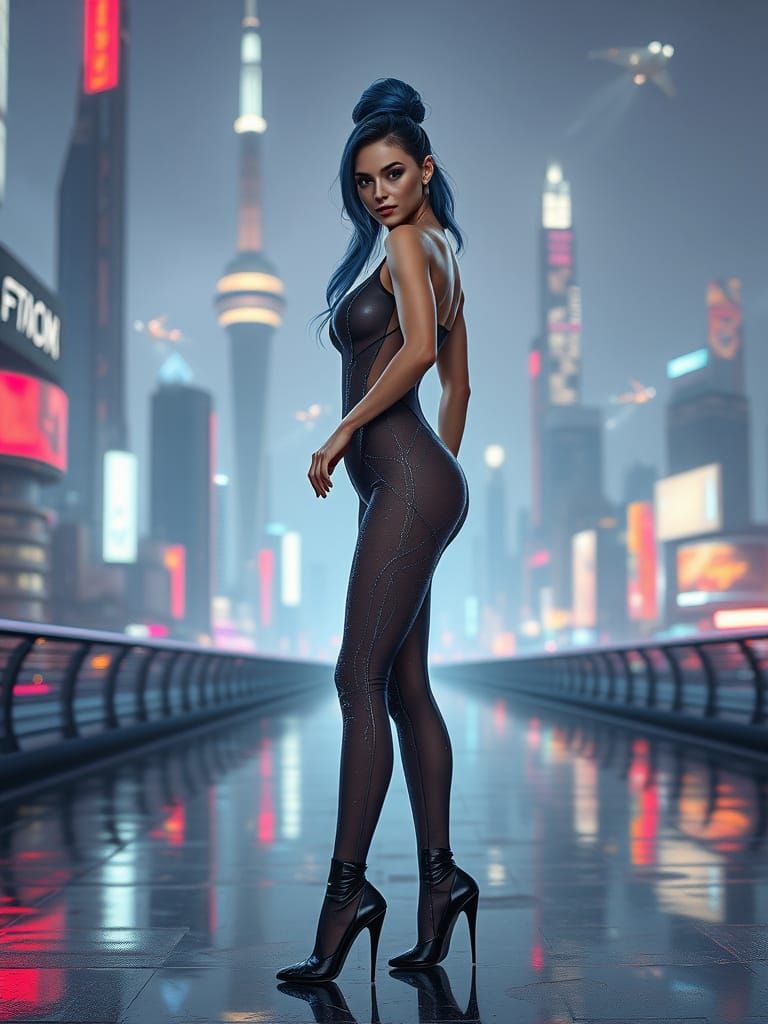 Futuristic Pinup in Sci-Fi Cityscape