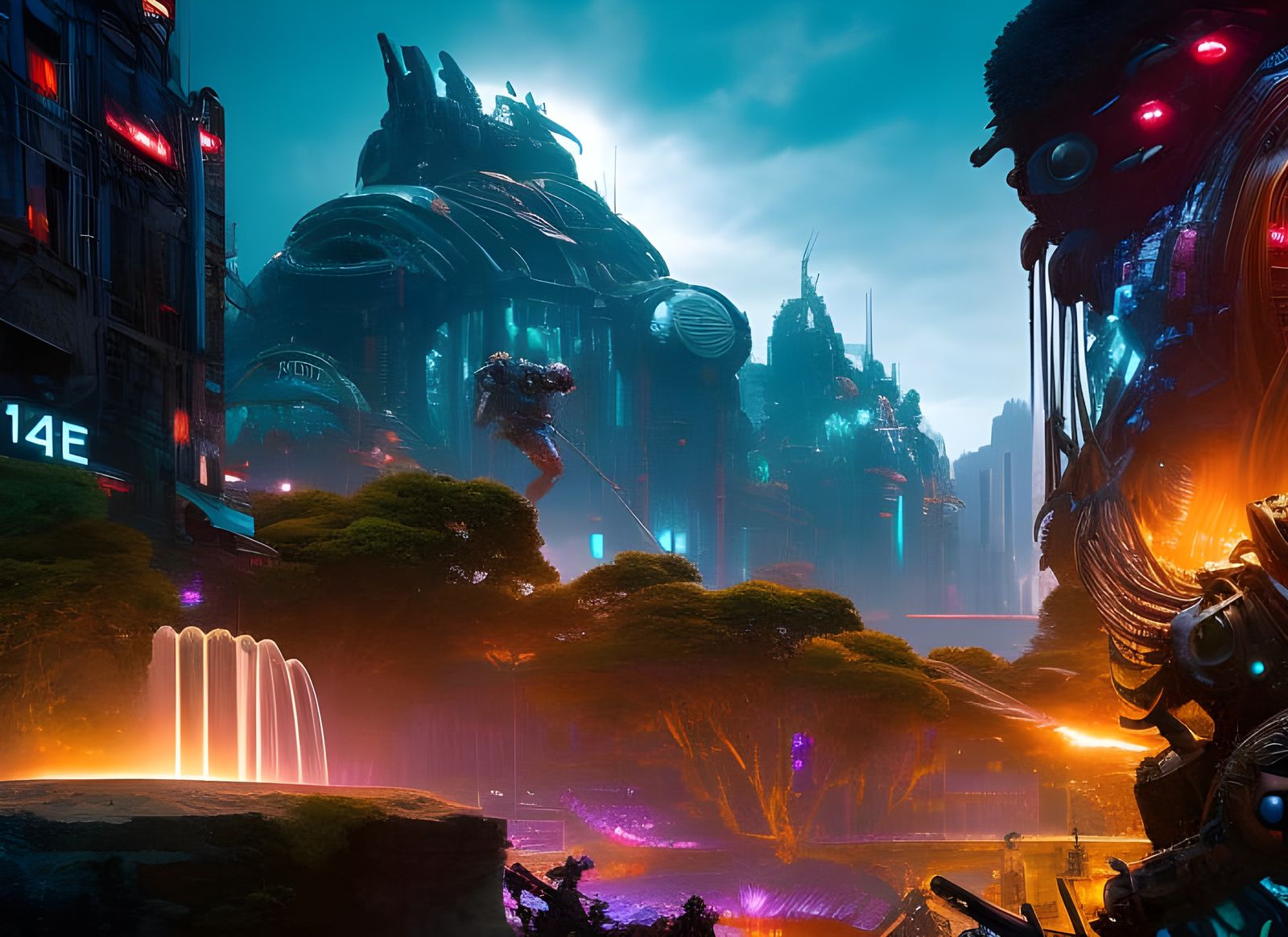 Bloomcore Biopunk Fountain in Comic Book Style