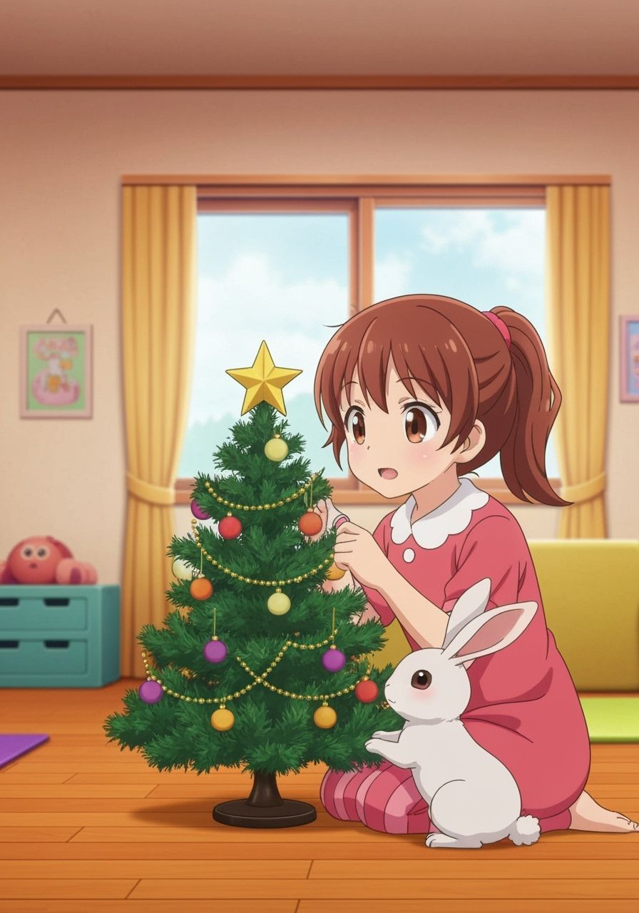 Anime Girl Decorates Christmas Tree with Rabbit