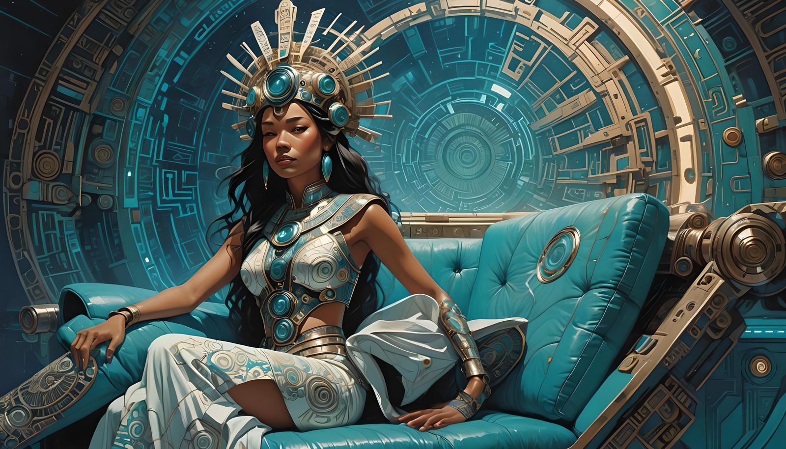 Regal Tech Goddess in Mayan Spacecraft Artwork