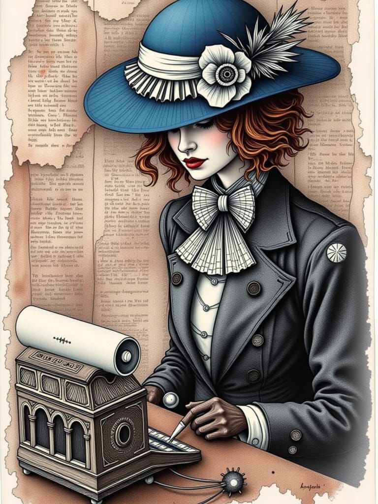 Victorian Typist in Blue Hat with Vintage Typewriter