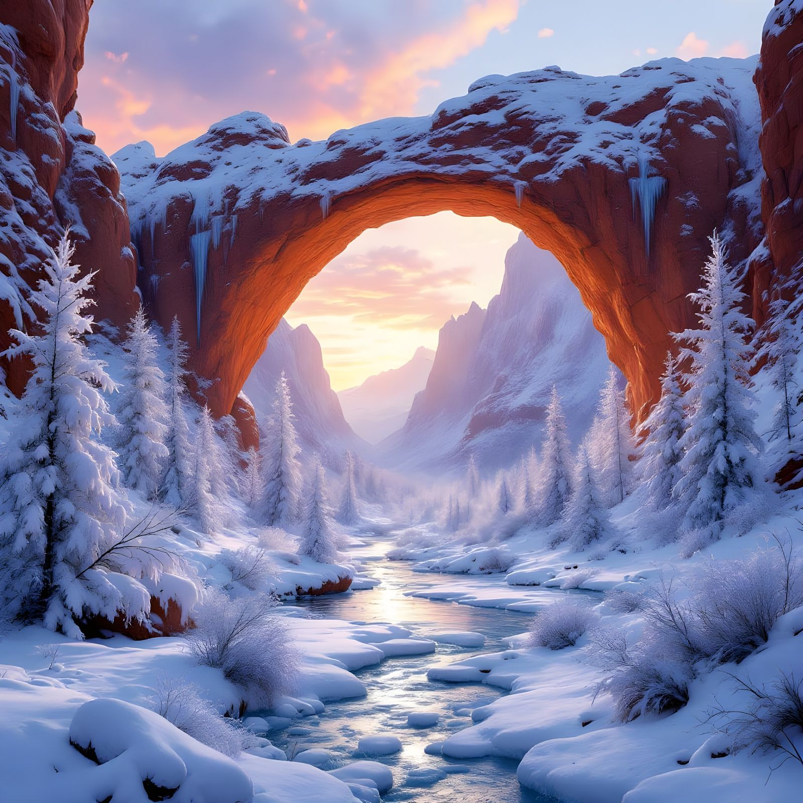 Winter Snow Scene Inside Moab Double O Arch