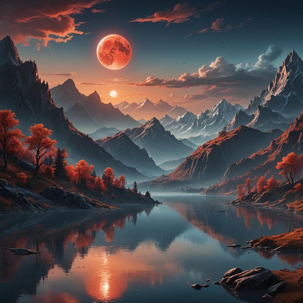 Red Moon Over Serene Lake: Fantastical Landscape