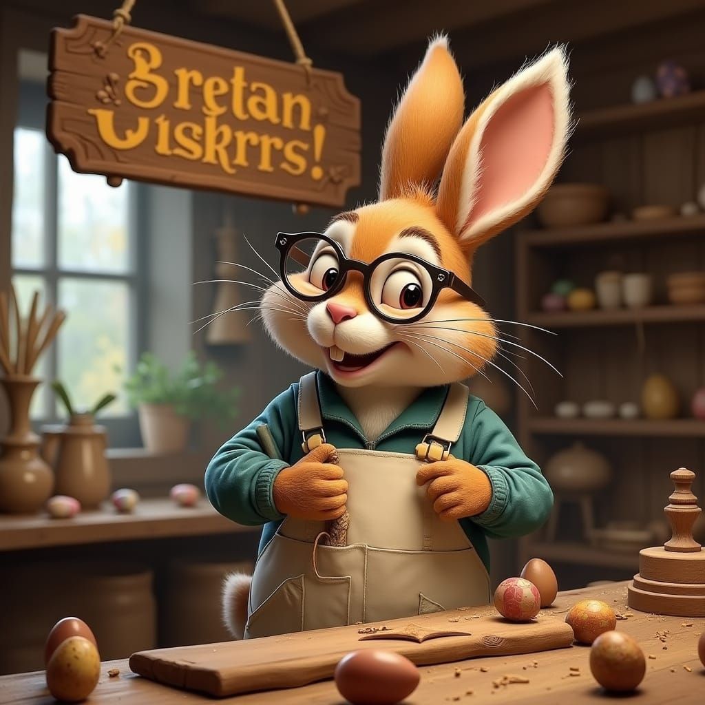 Jovial Bunny Crafts Wooden Eggs in Whimsical Workshop
