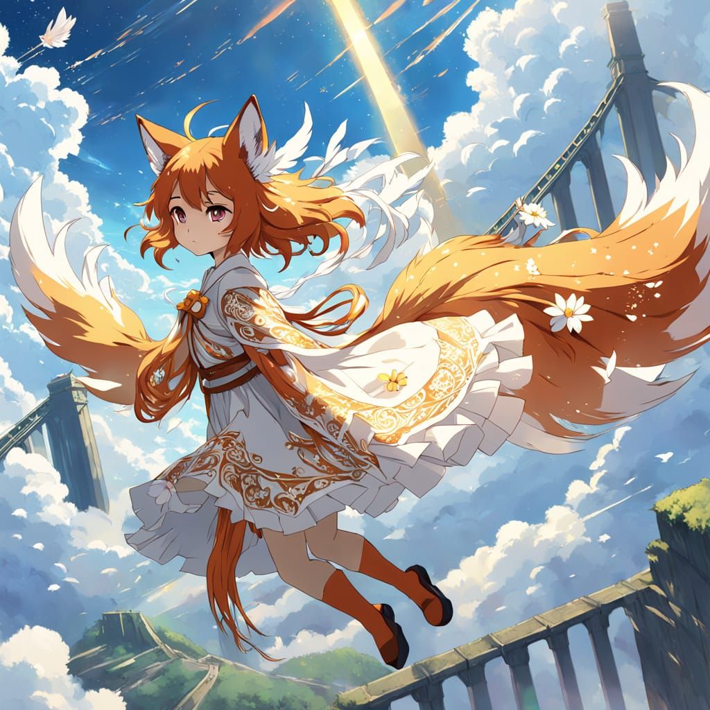 Anime Guardian of Heaven's Gate with Fox Girl and Angel