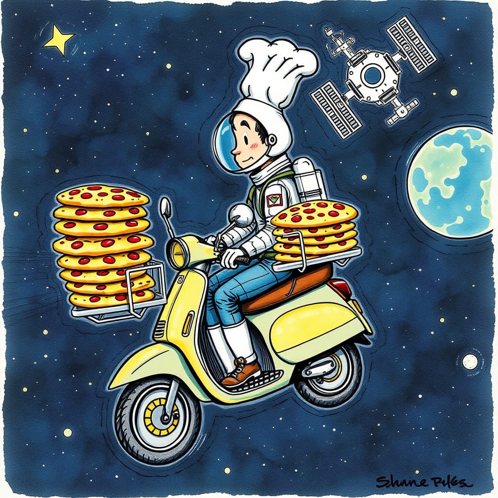 Chef Delivers Pizza in Space: Pen and Ink Art