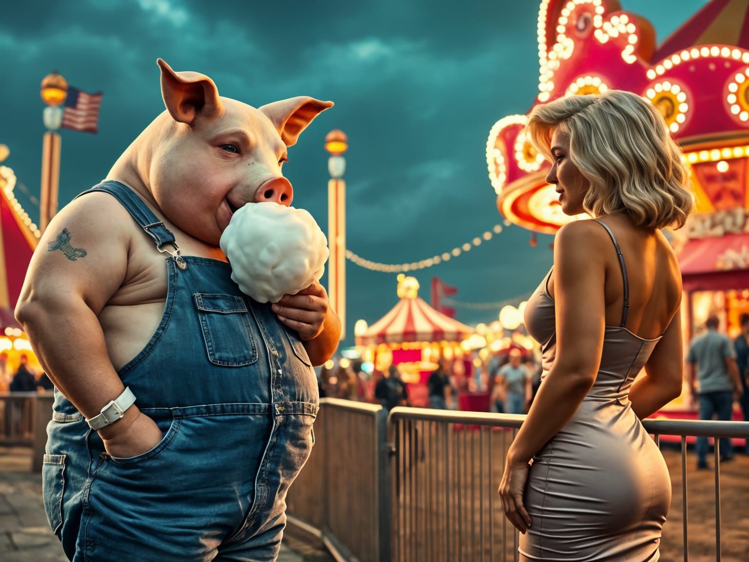 Fairground Pig Man Eats Cotton Candy