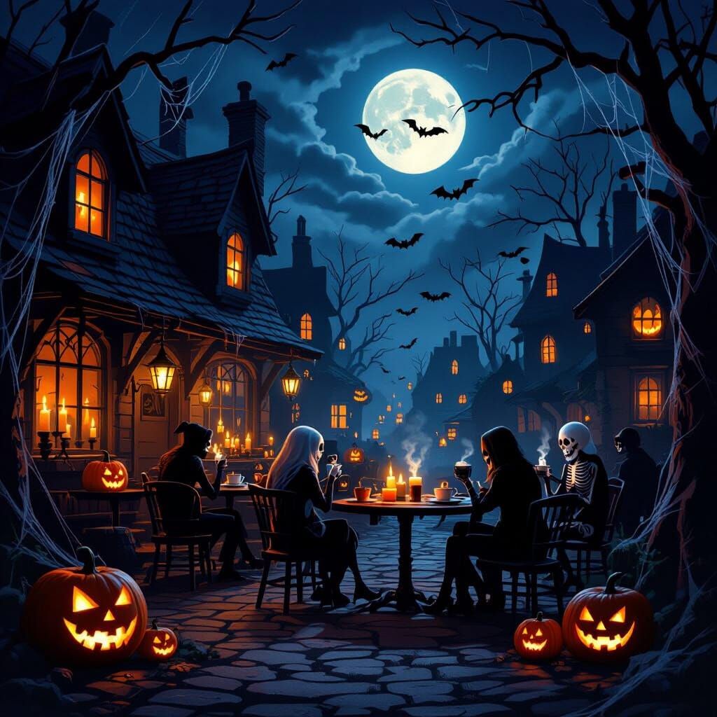 Spooky Halloween Café Scene with Ghosts and Pumpkins
