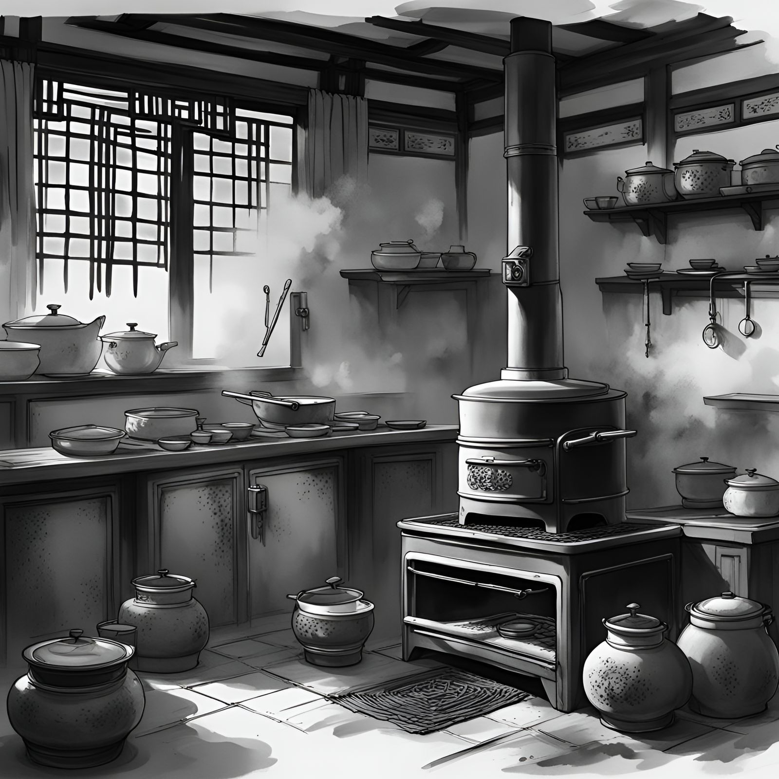 Chinese Cookstove in Ink Wash Painting Style