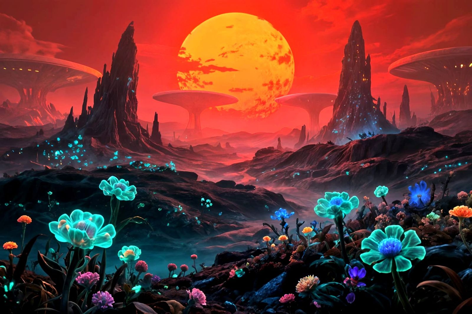 Bioluminescent Alien Landscape Under a Red Sun
