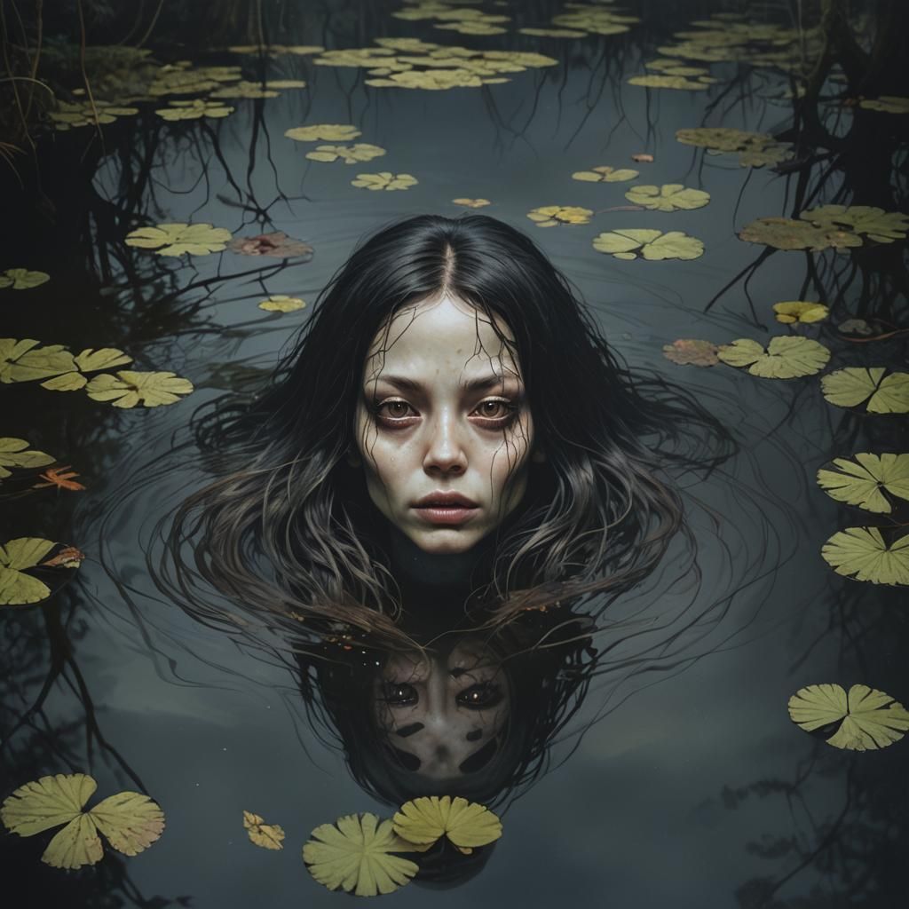 Surreal Alien Woman in Pond: Photorealistic Art