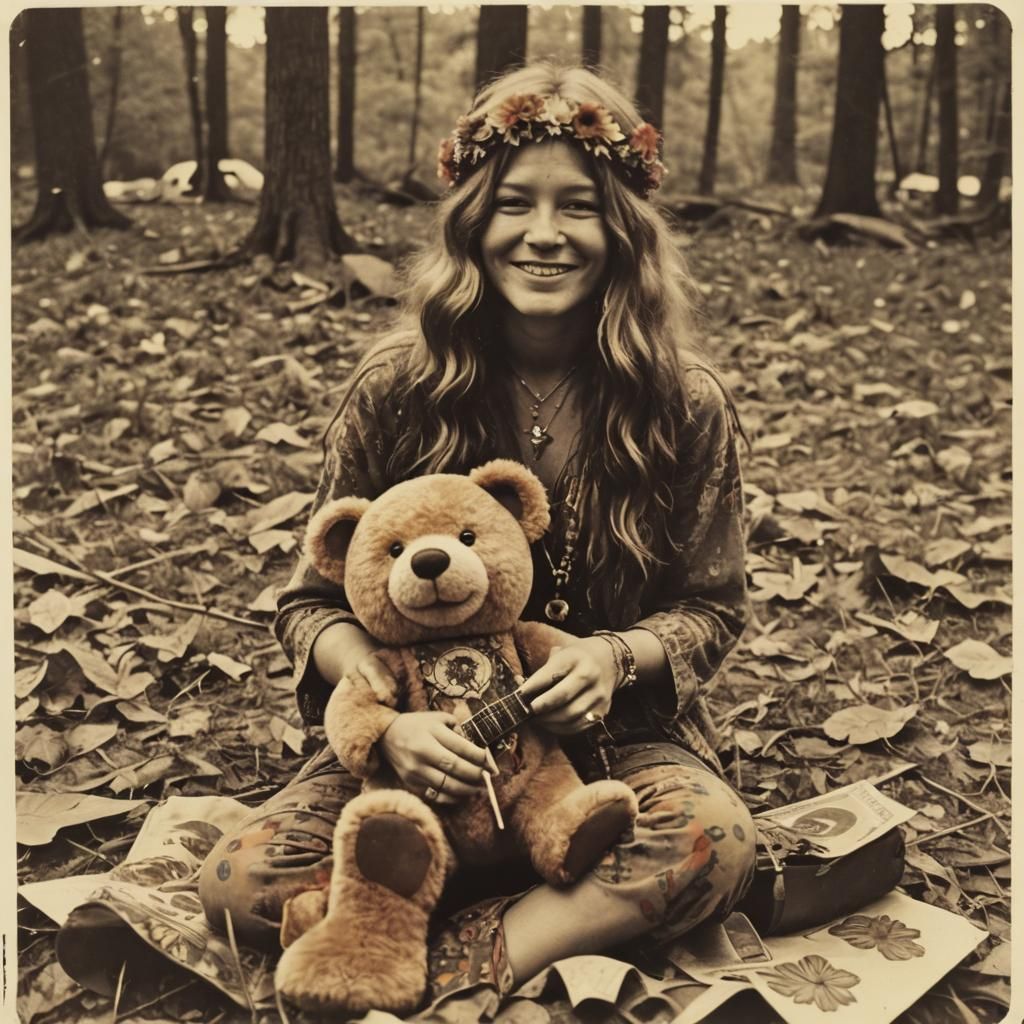 High Teddy Bear at Woodstock in 70s Polaroid Style