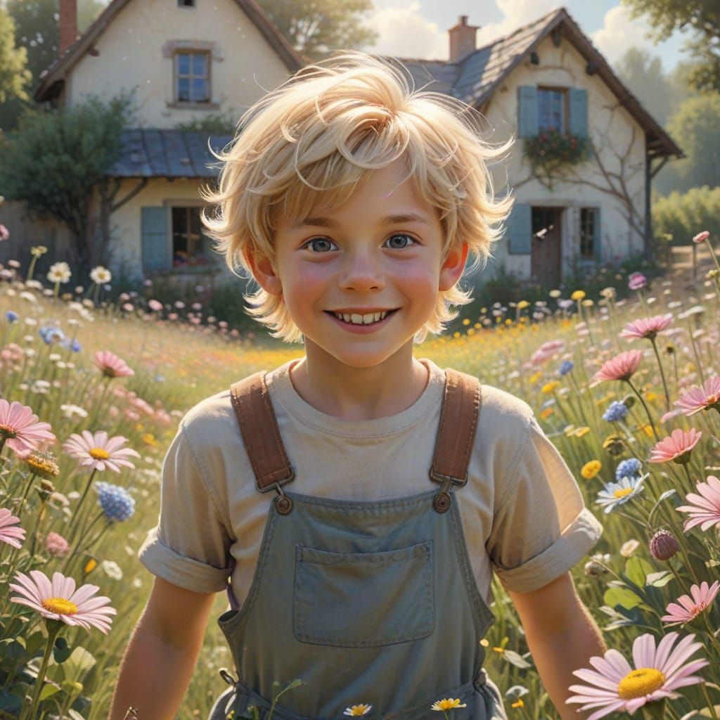 Whimsical Boy in Flower Field: Watercolor Art