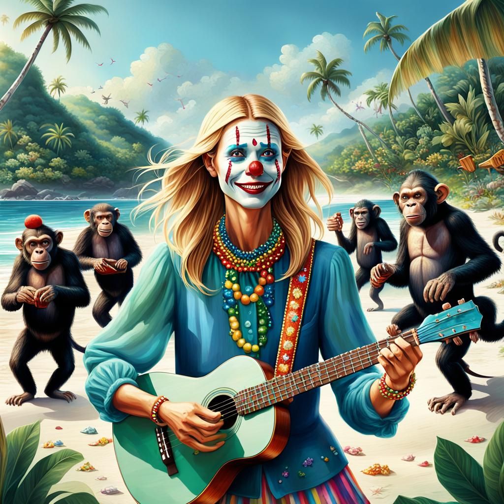 Gem-Studded Clown with Dancing Chimps on Tropical Beach