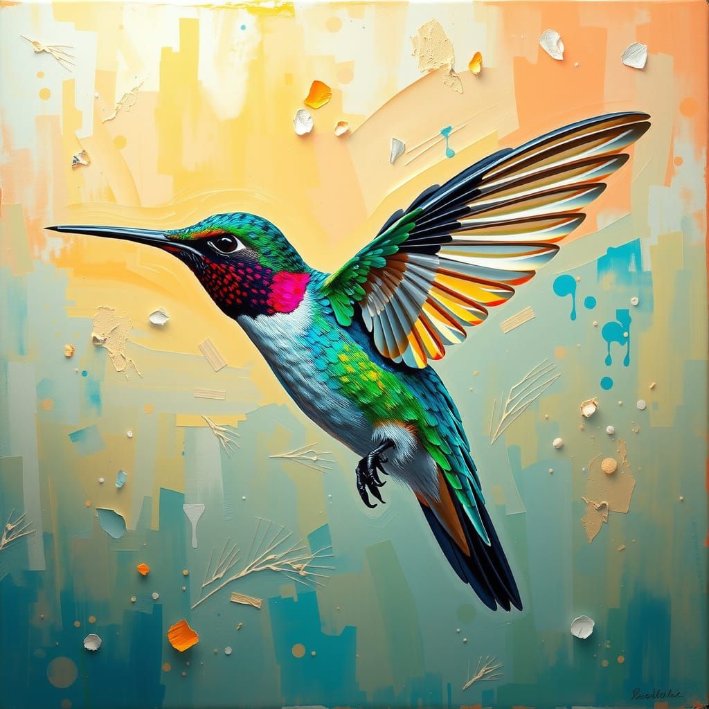 Hummingbird in Flight: Expressive Impasto Oil Painting