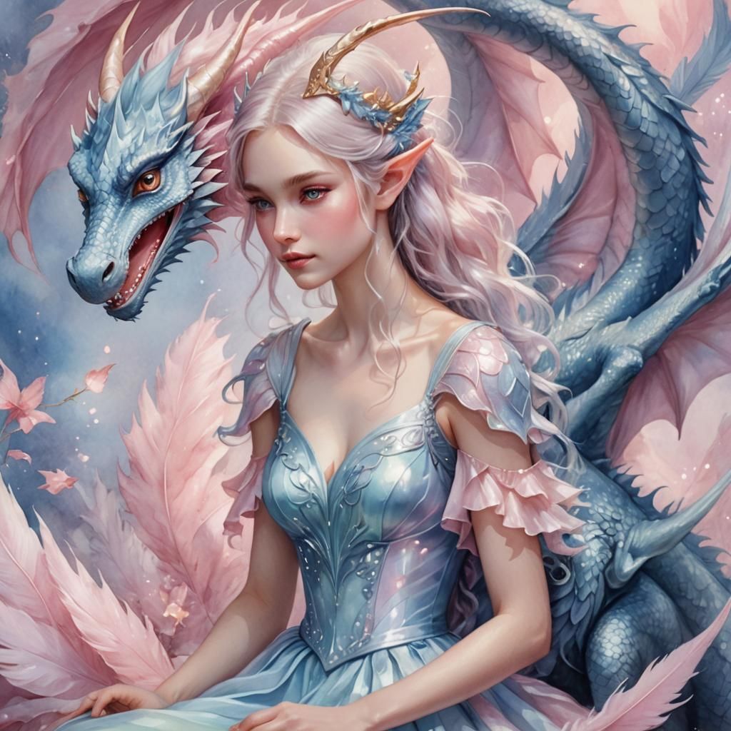 Elf on Pearl Dragon in Whimsical Watercolor Style