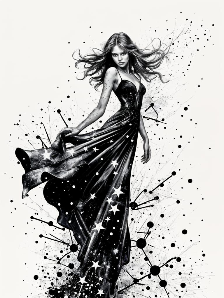Epic Monochrome Femme with Celestial Constellation Gown
