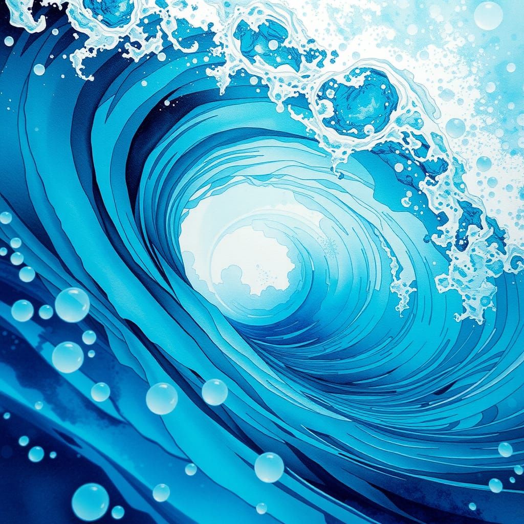 Turquoise Wave Close-Up in Watercolor Style