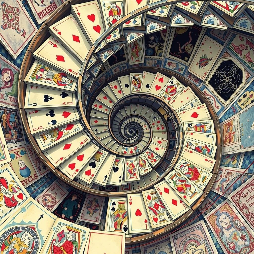 Endless Card Staircase in Detailed Matte Painting Style