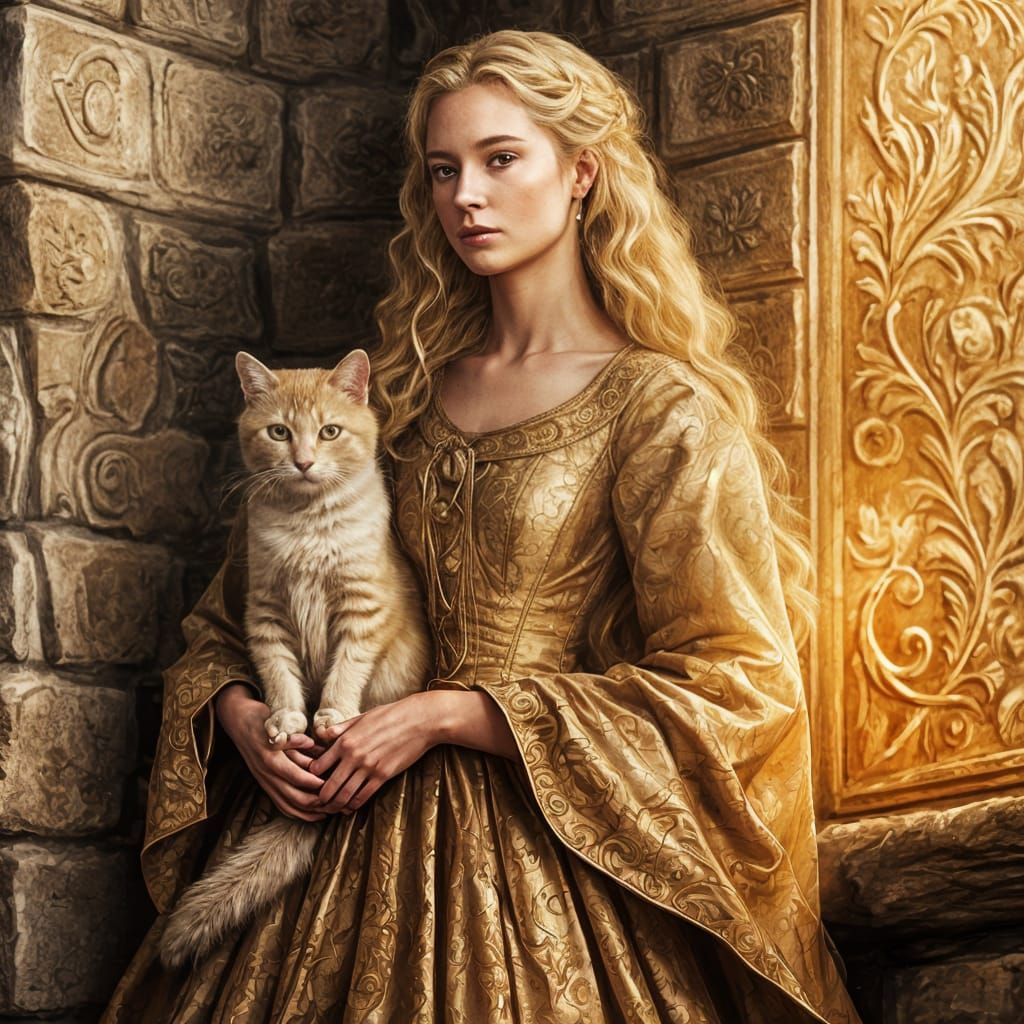 Medieval Lady with Ringlets and Golden Cat