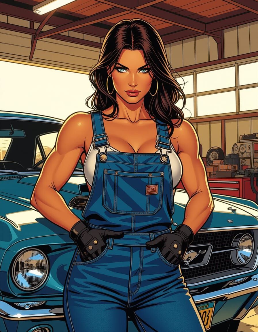Muscular Mechanic Woman Repairs Muscle Car in Comic Art Styl...