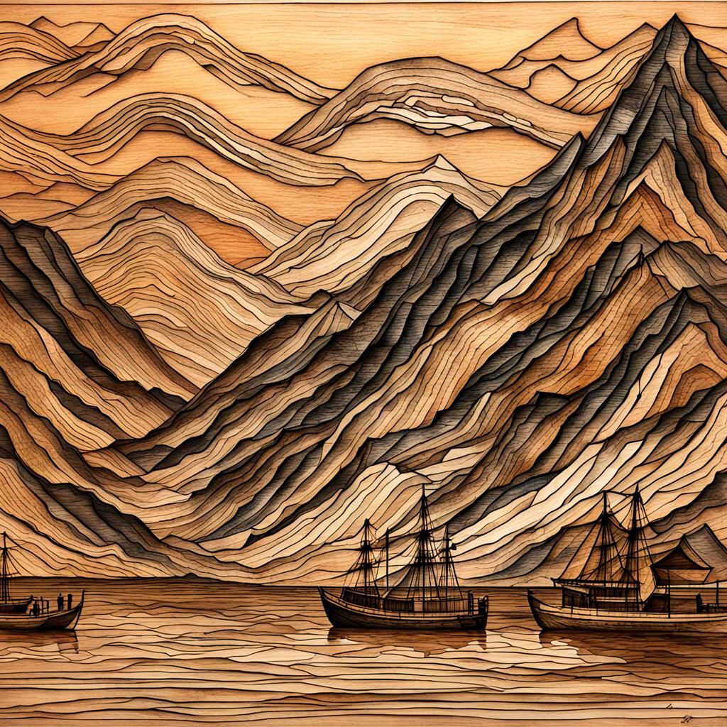 Burned Wood Mosaic of Norwegian Fjords