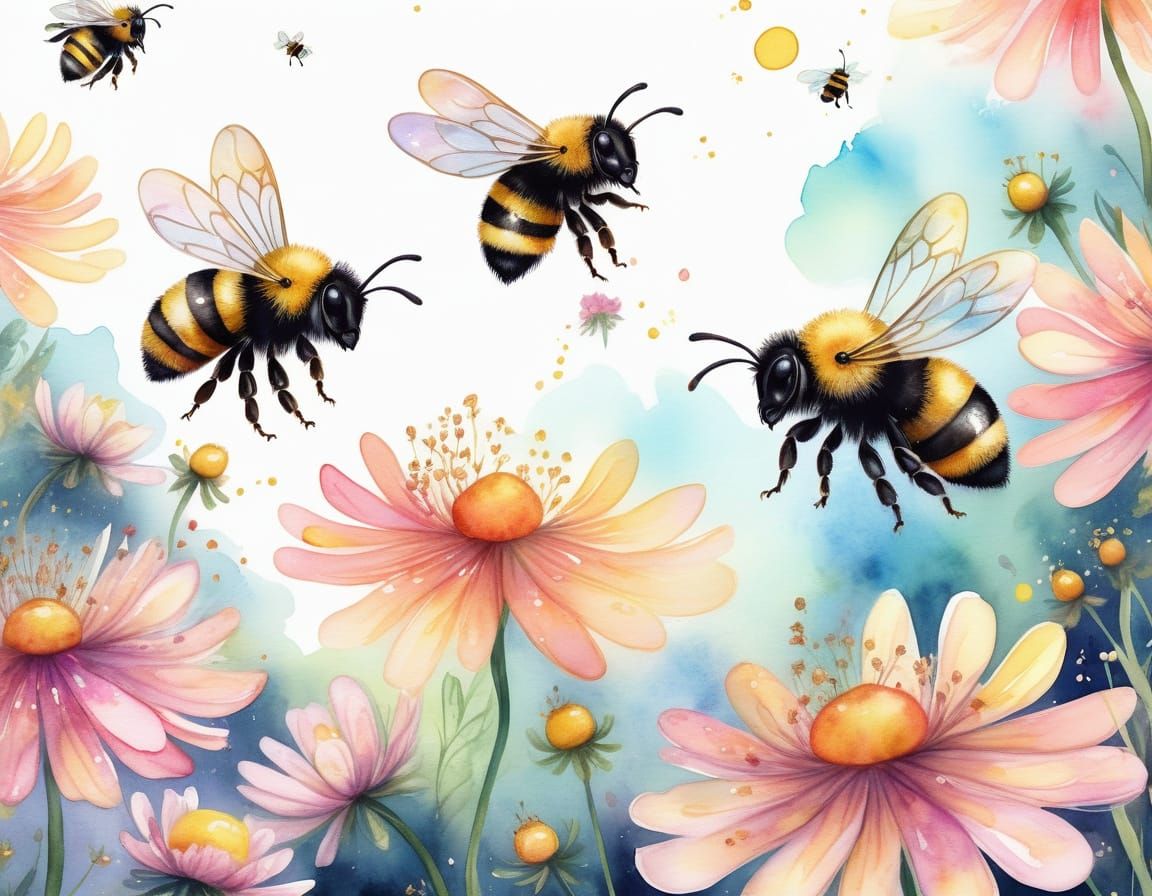 Bumblebees Dancing in a Whimsical Watercolor Garden