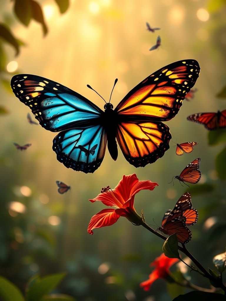 Majestic Monarch Butterfly Silhouette in Tropical Jungle