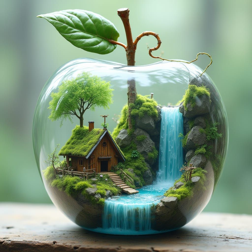 Glass Apple Containing Whimsical Forest Scene in Dreamlike S...