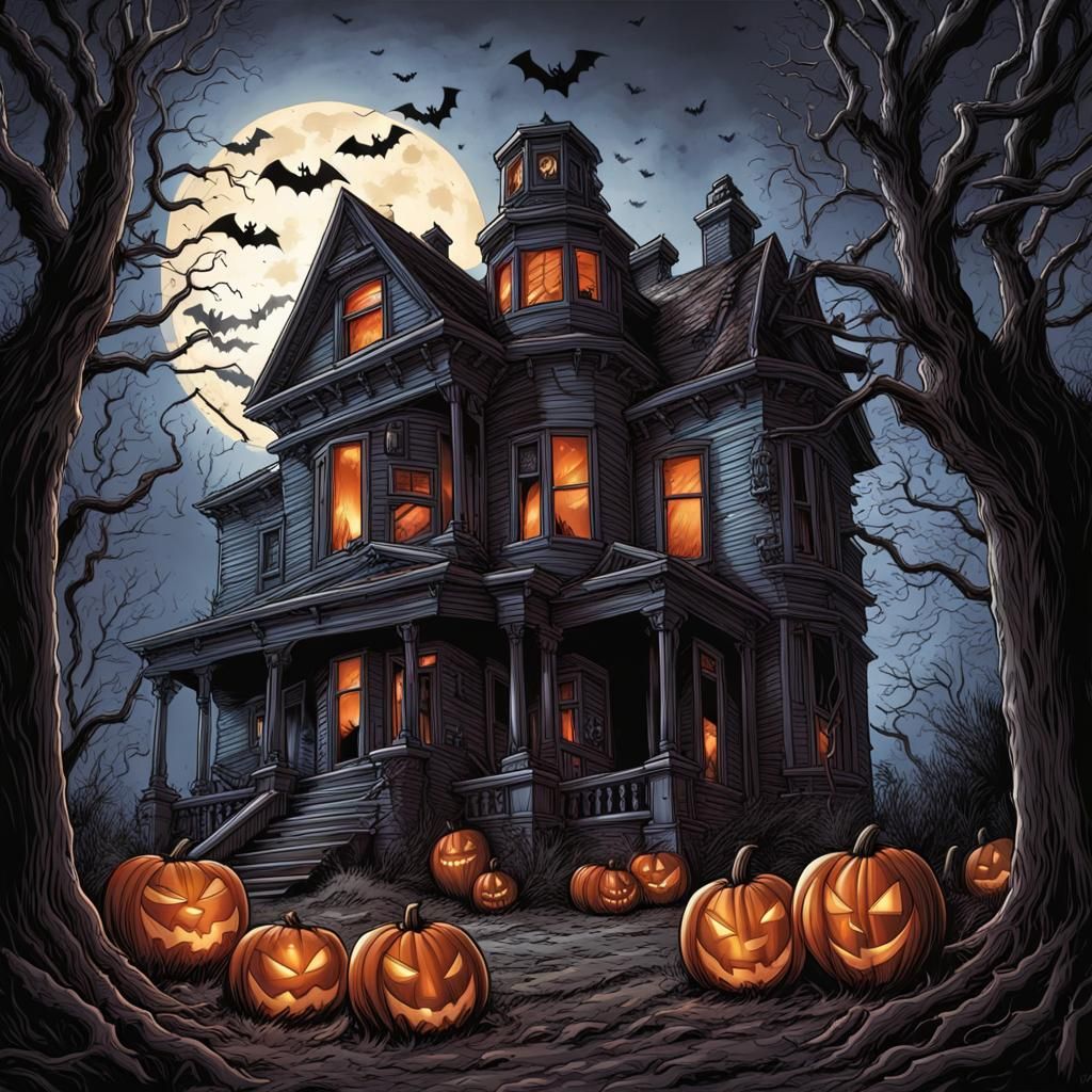Hyperrealistic Haunted House in Comic Book Style