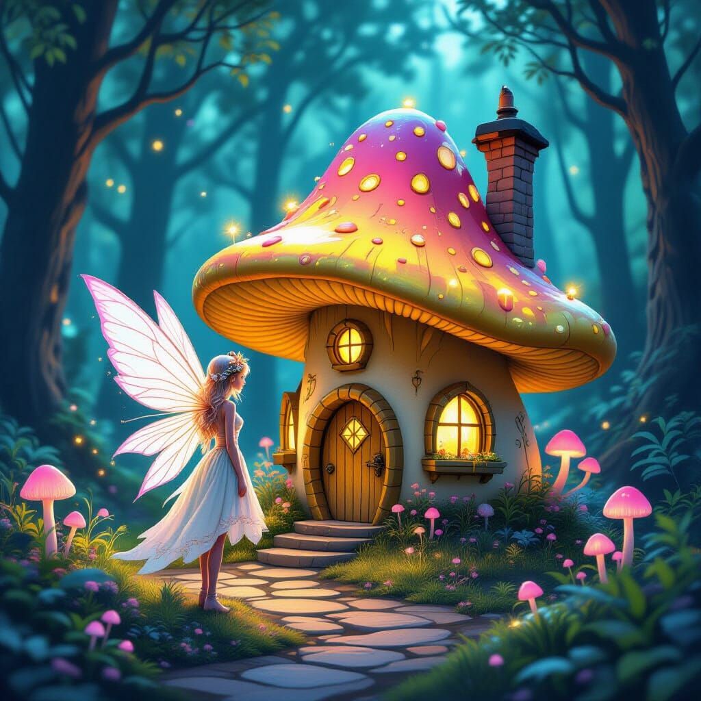 Enchanted Fairy Mushroom House in Bioluminescent Forest