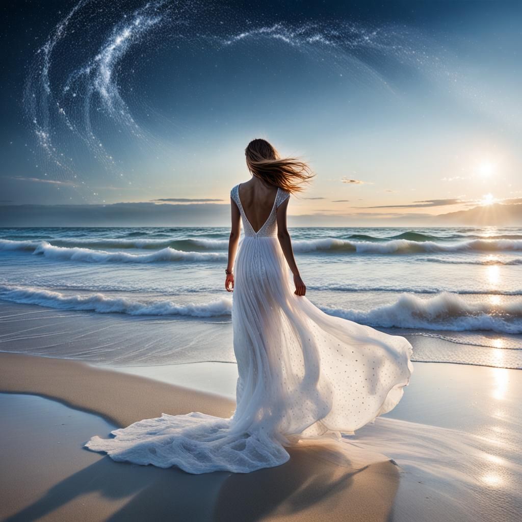 Woman in White Dress on Starry Beach