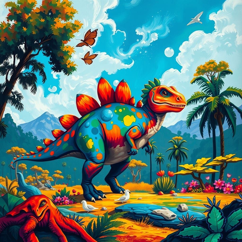 Vibrant Fauvist Dinosaur in Dreamlike Renaissance Landscape