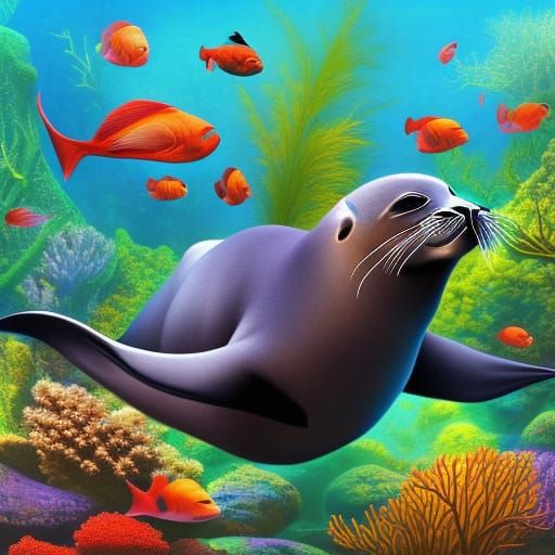 Happy Sealion in Underwater Coral Garden Oil Painting