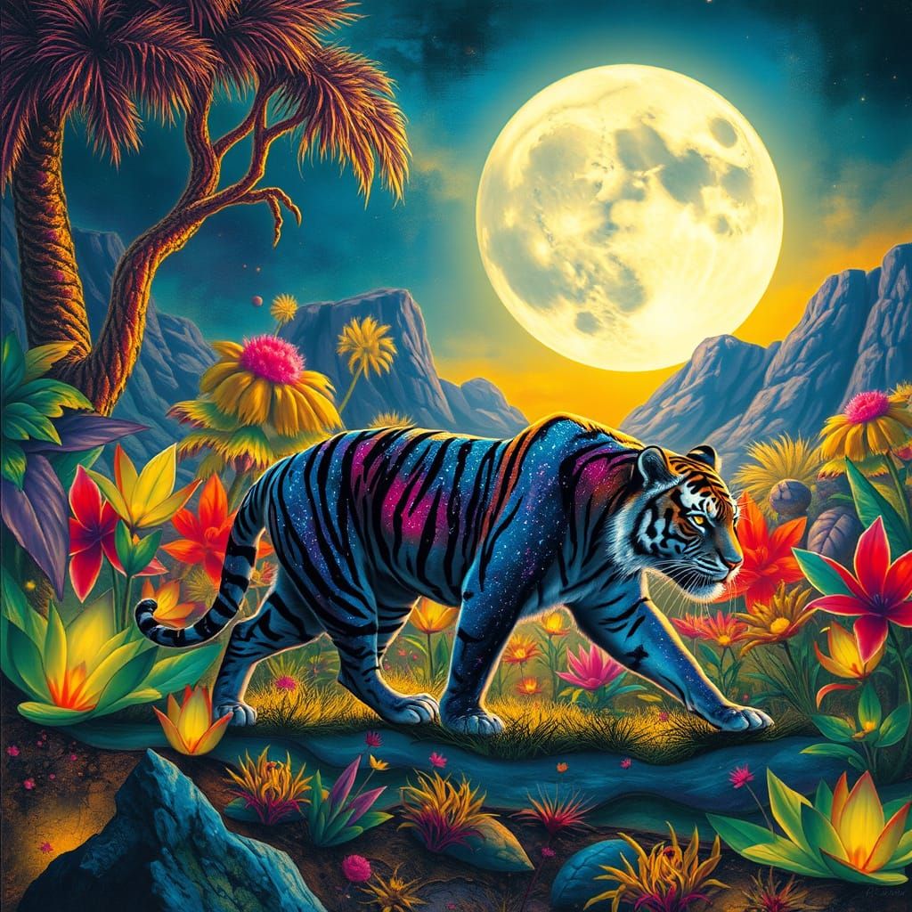 Cosmic Tiger in Alien Jungle, Surrealist Dreamscape