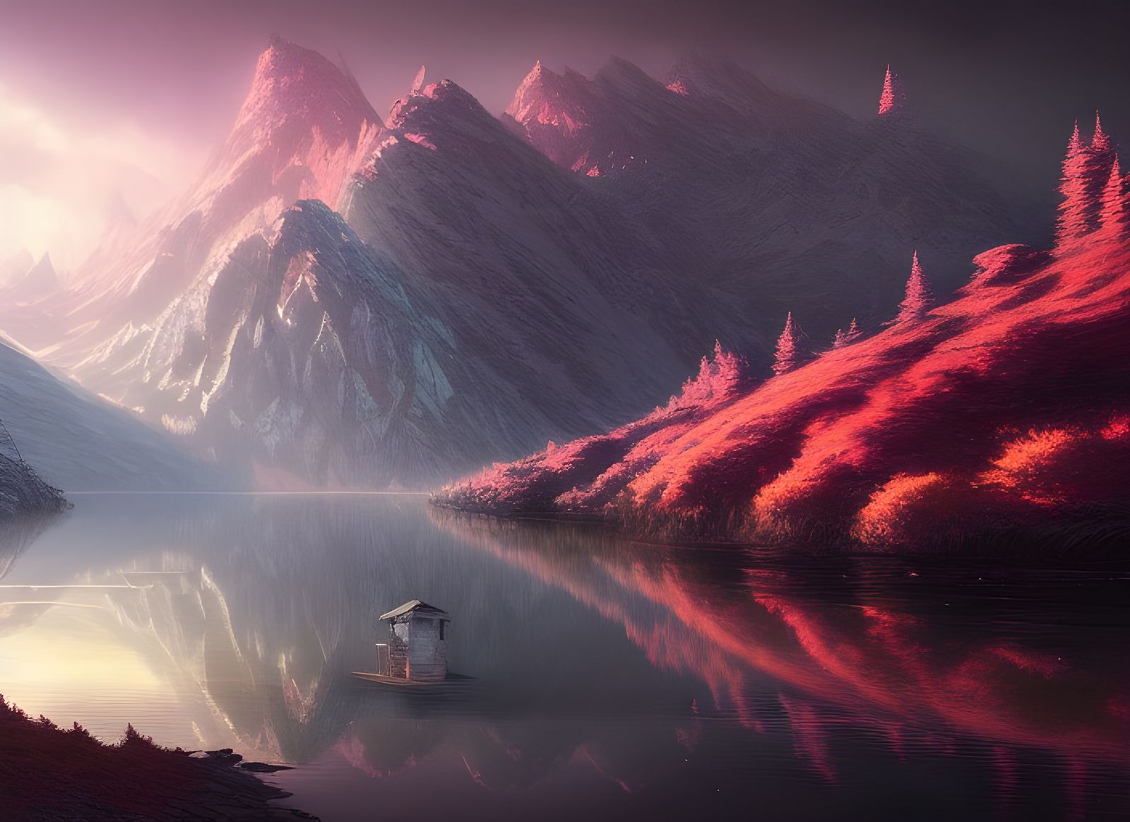 Steampunk House Reflected on Mountain Lake