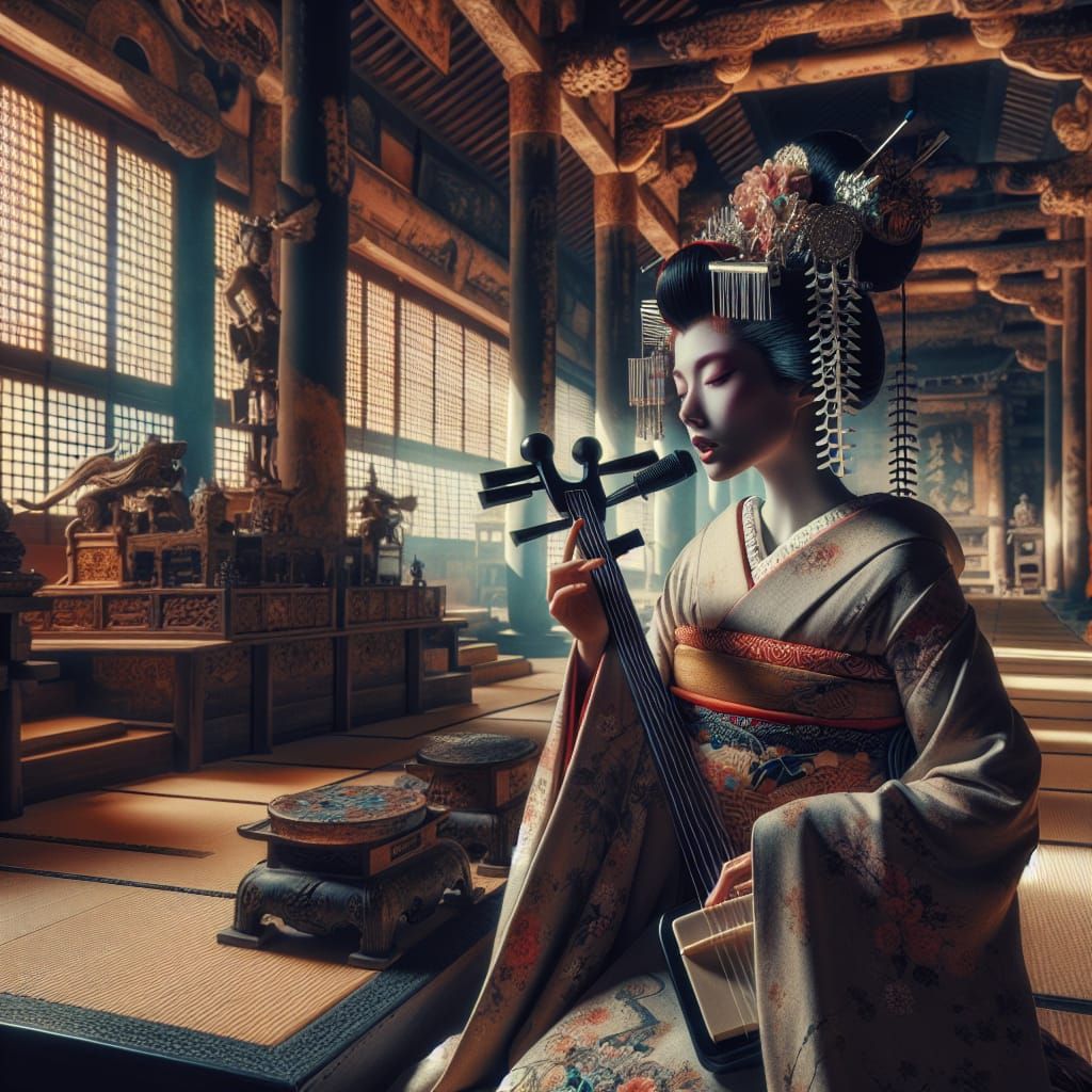 Geisha Singing in Ancient Japanese Temple