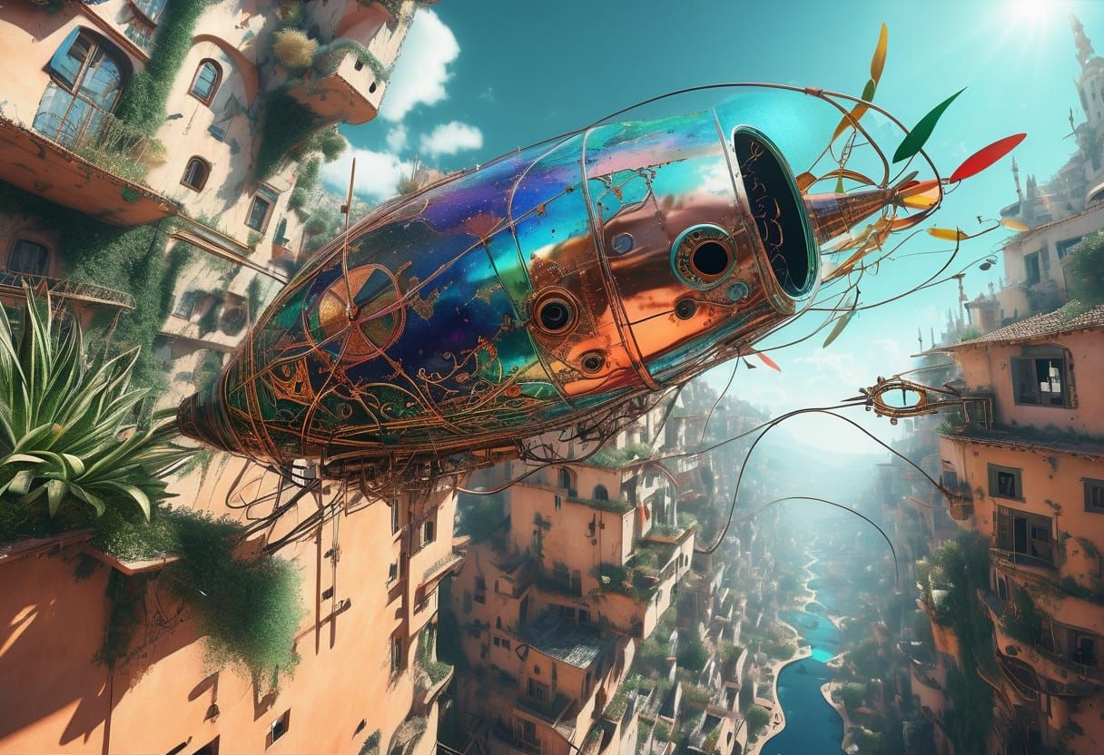 3D above view beautiful solarpunk aetherpunk idyllic utopian world with vast lush undulating landscape filled with thous...