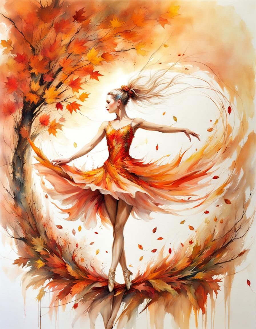 Ballerina in Flaming Dress with Autumn Leaves