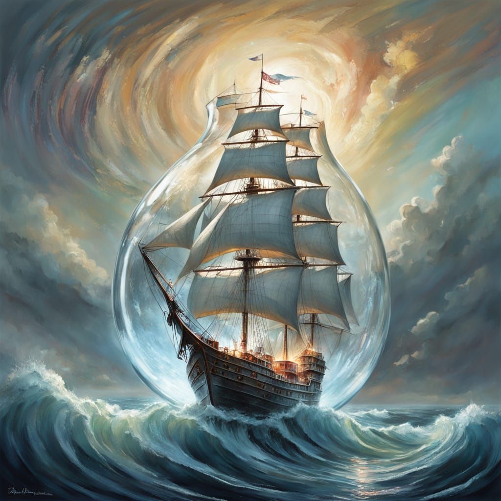 Majestic Ship in a Bottle Fantasy Painting