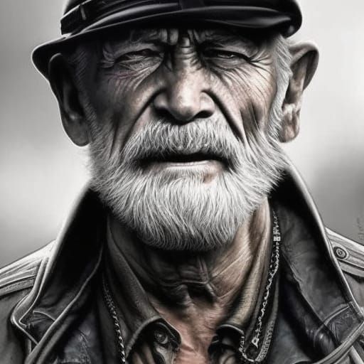Hyperrealistic Portrait of a Wizened Old Biker